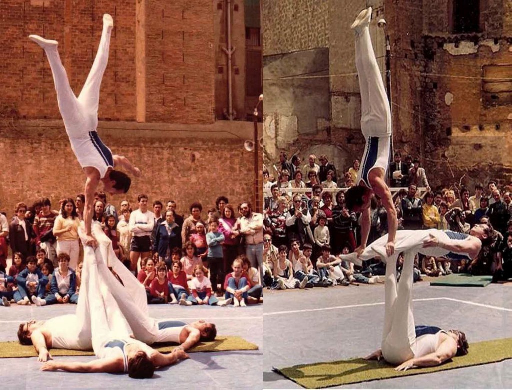 Festival del 50è Aniversari del CGB a l'any 1983. El conjunt d'ornamental del Centre en un moment de la seva exhibició de Gimnàstica. Components: Miquel Navarro, Manel Carreño, Josep Suari i Joan Espinosa.
