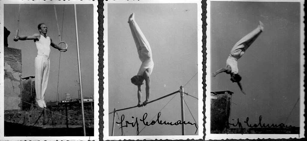 Un cop més en Fritz Lehmann, entrenador de la Federació Catalana de Gimnàstica artística efectuant un Crist a les anelles i exercicis de gimnàstica artística a la Terrassa de les instal·lacions del Barcelonès, any 1954, coincidint amb els Campionats socials d l'Entitat.
