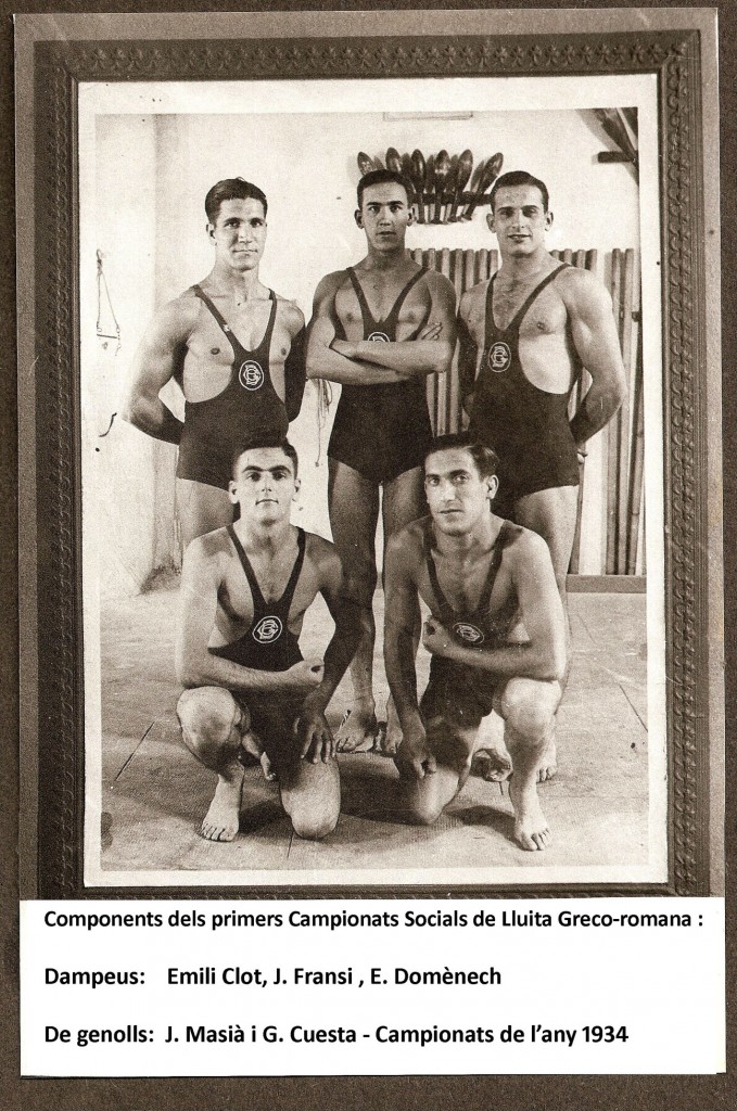 Aquests vam ser uns els primers components de l'equip de Lluita Greco romana del Barcelonès. En primer lloc dempeus podem veure a un molt jove Emili Clot que a l'any 1934 ja participava molt activament als Campionats Socials del Centre. 