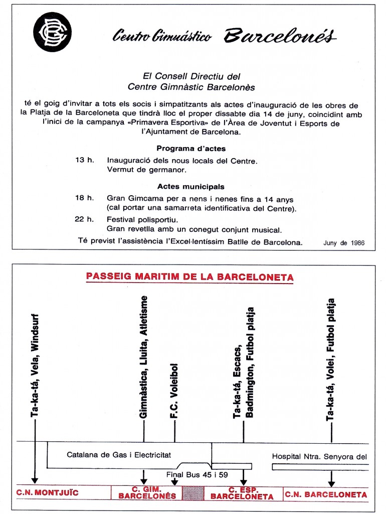 Inauguració de nous locals del CGB a la Platge de la Barceloneta amb un programa d'actes molt ampli amb la assistència prevista del Batlle de Barcelona Pasqual Maragall, 14 de juny de 1986