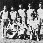 Proves atlètiques a l'Estadi de Montjuïc. A la foto F. Parramon, G. Cuesta, V. Herrando i altres directius.