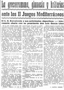 Article de l'any 1955 sobre el Centre Gimnàstic Barcelonès i la proximitat dels II Jocs del Mediterrani.